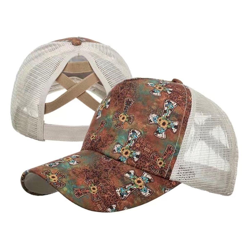 Ponytail ball cap hat Cross and sunflower